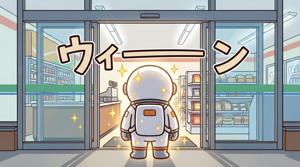 宇宙田ごりらがコンビニの前に立つと自動ドアが開く様子