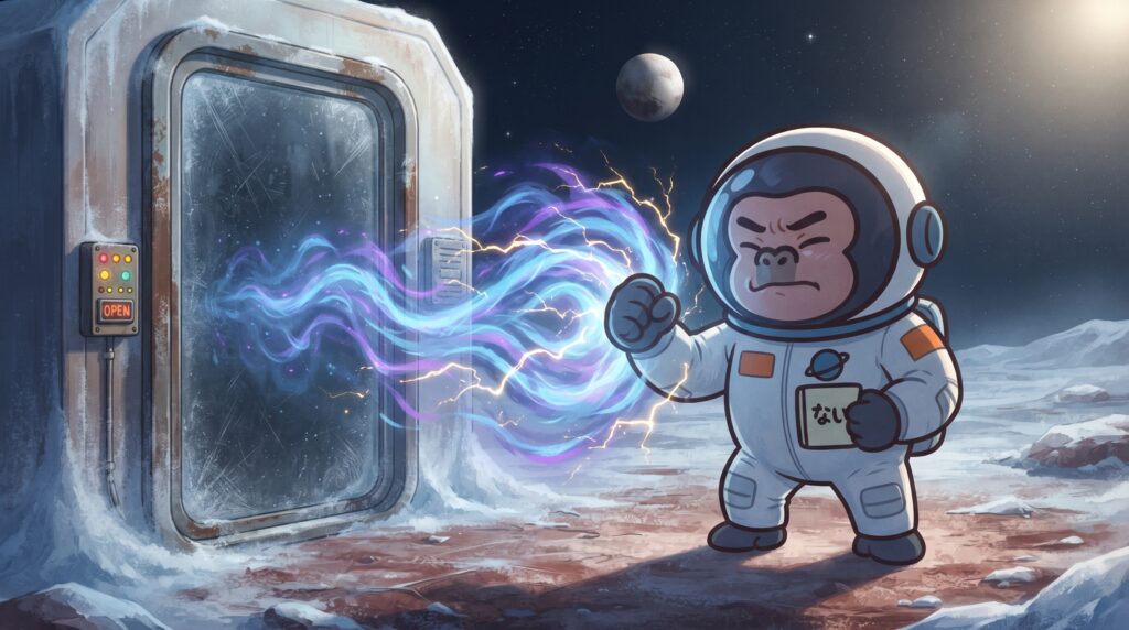 扉の前で力を入れる宇宙田ごりら