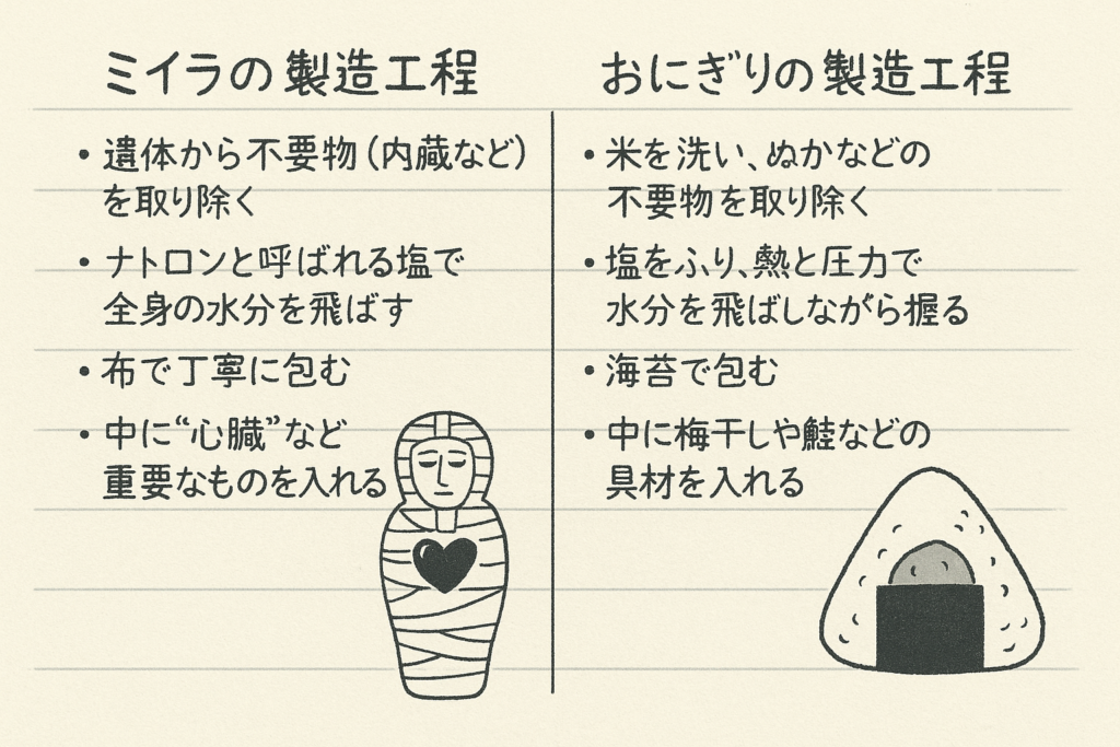 おにぎりとミイラの製造工程の比較を纏めた図