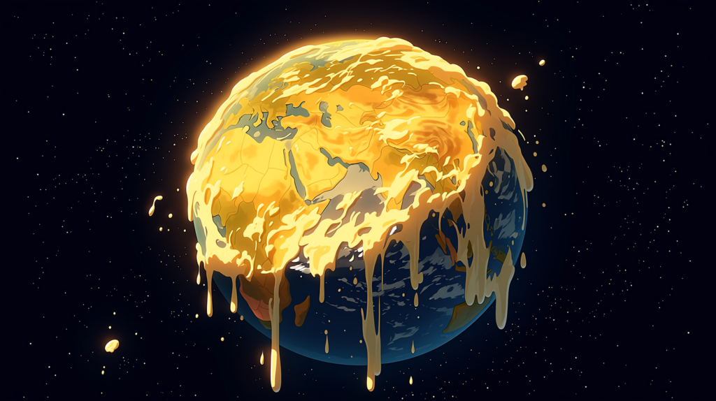 こたつのぬくもりで地球が溶け始めている様子