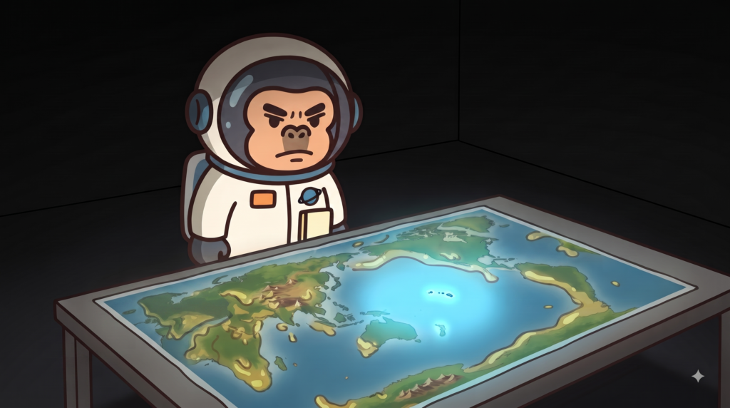 宇宙田ごりらが地図に光るホシモリ島をみつめている様子