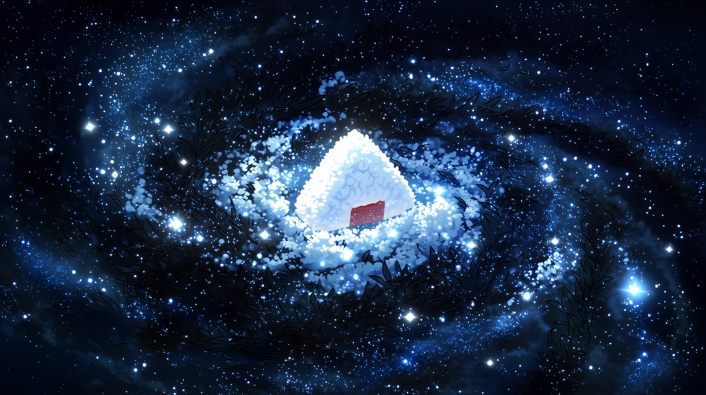 おにぎりが宇宙の中でうかんでいる様子