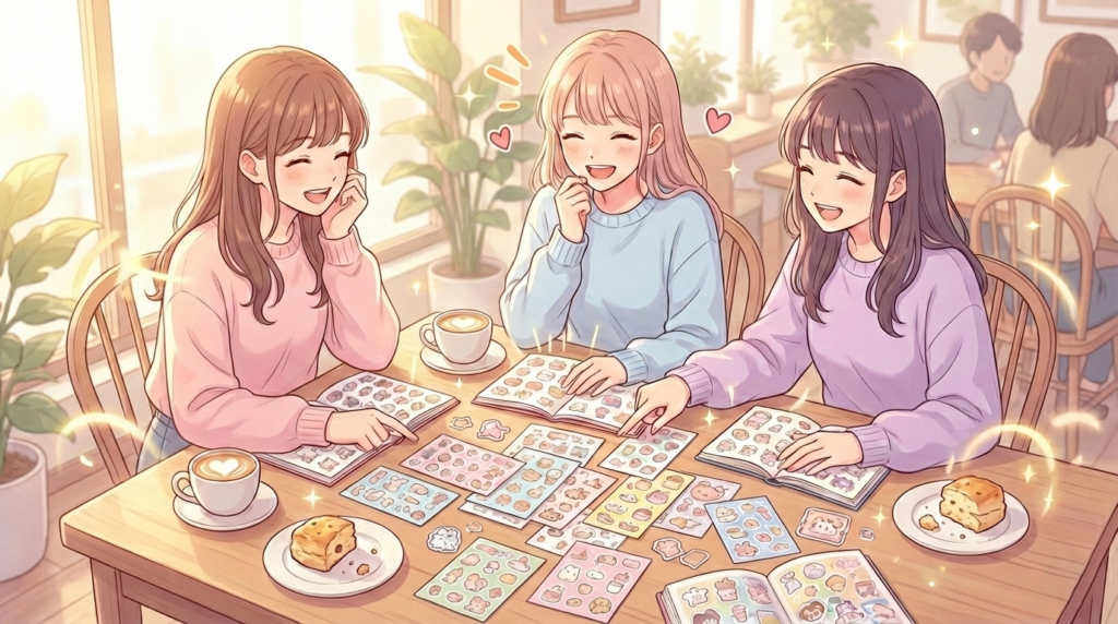 ゆるい私服に身を包んだ女子たちが、お喋りしながらシールを眺めている様子