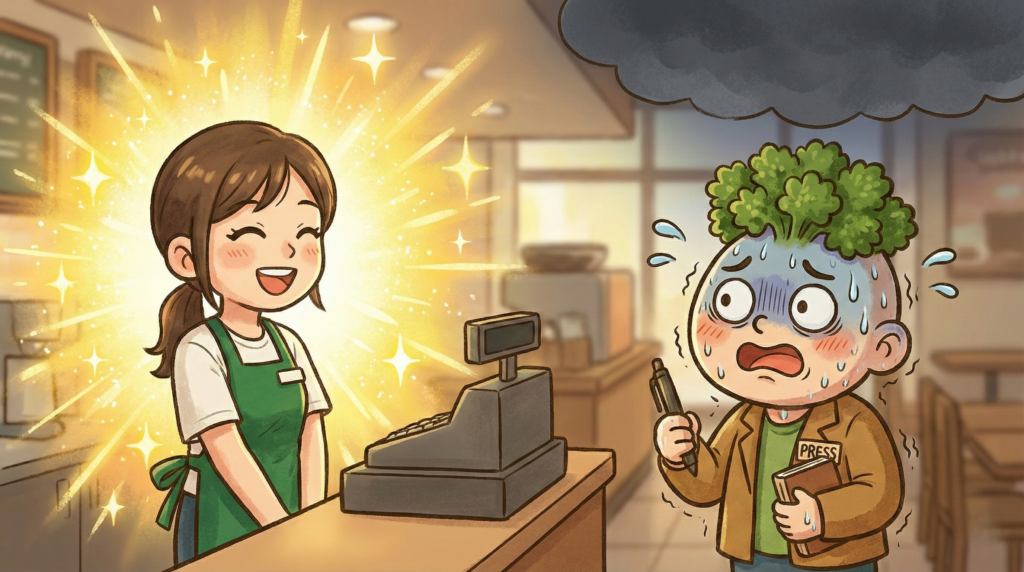 店員さんの笑顔にびびるパセリ端之助