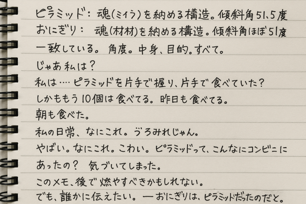 パセリメモ。おにぎりの傾斜角が一致していることが書かれている