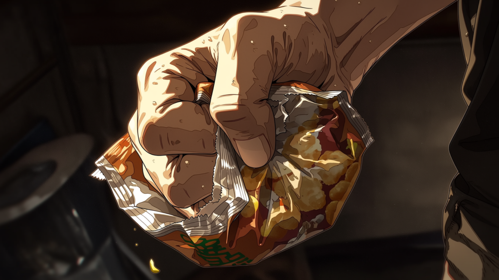 ポテトチップスの袋を握りつぶすジャン