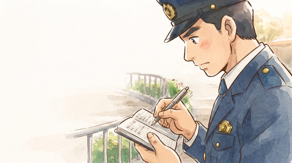 ノートに何かをかく警察官の様子